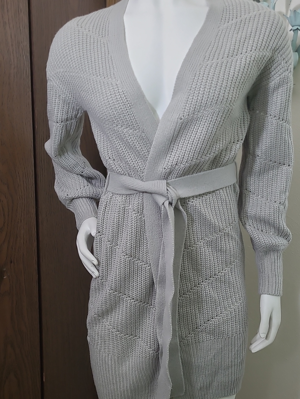 Pink Rose Light Gray Knit Belted Cardigan
